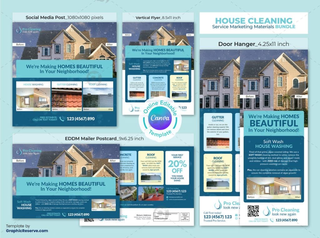 Cleaning Service Marketing Material Template Bundle Canva Template