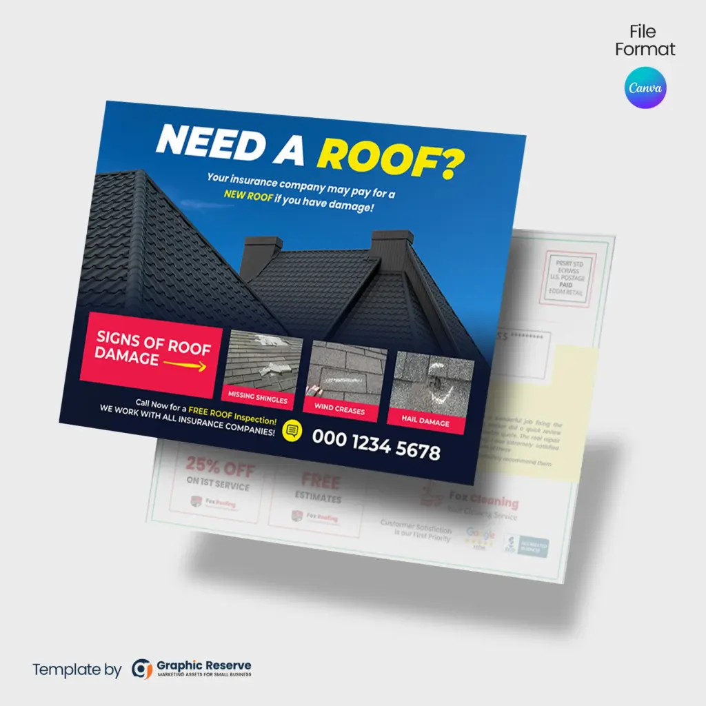 Roofing and Roof Repair Advertising Direct Mail EDDM Postcard Template – Canva template