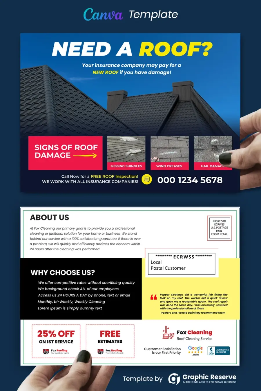 Roofing and Roof Repair Advertising Direct Mail EDDM Postcard Template