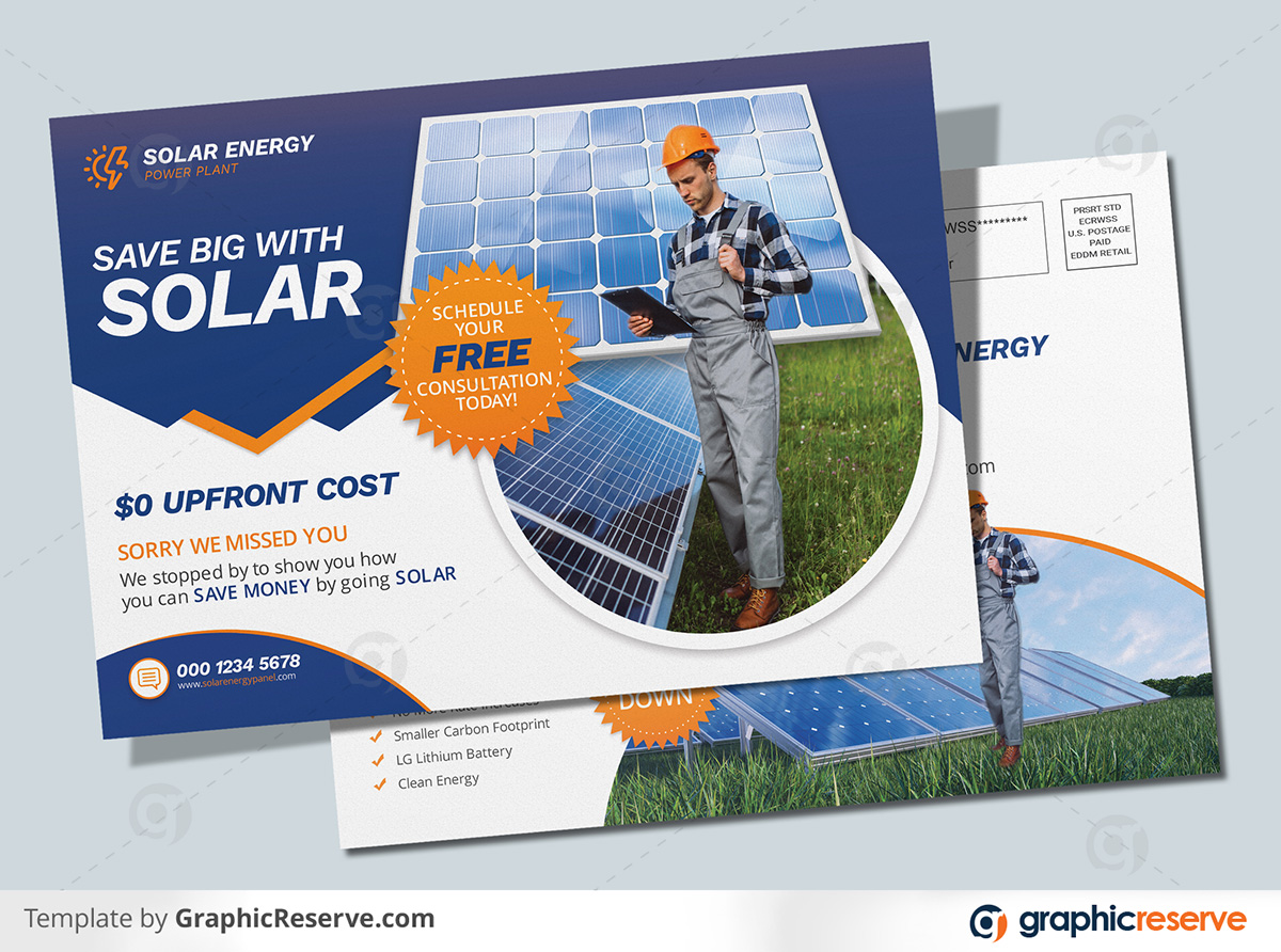 Solar Energy Powered Panel Product Postcard and Direct mail EDDM design by stockhero on Graphic Reserve Solar Panel Solar EDDM Postcard v4