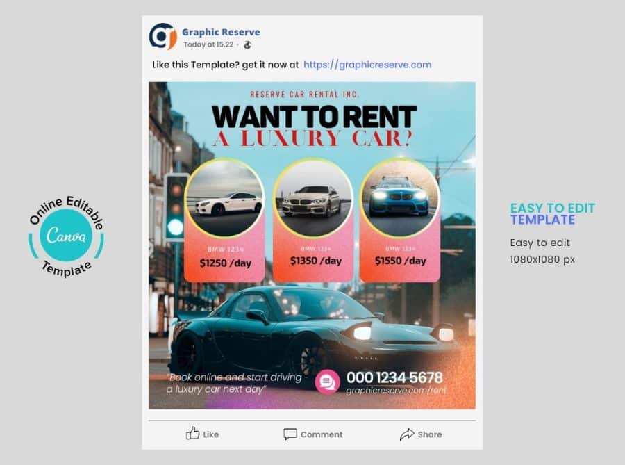 Luxury Car Rental Social Media Post with pricing Canva Template