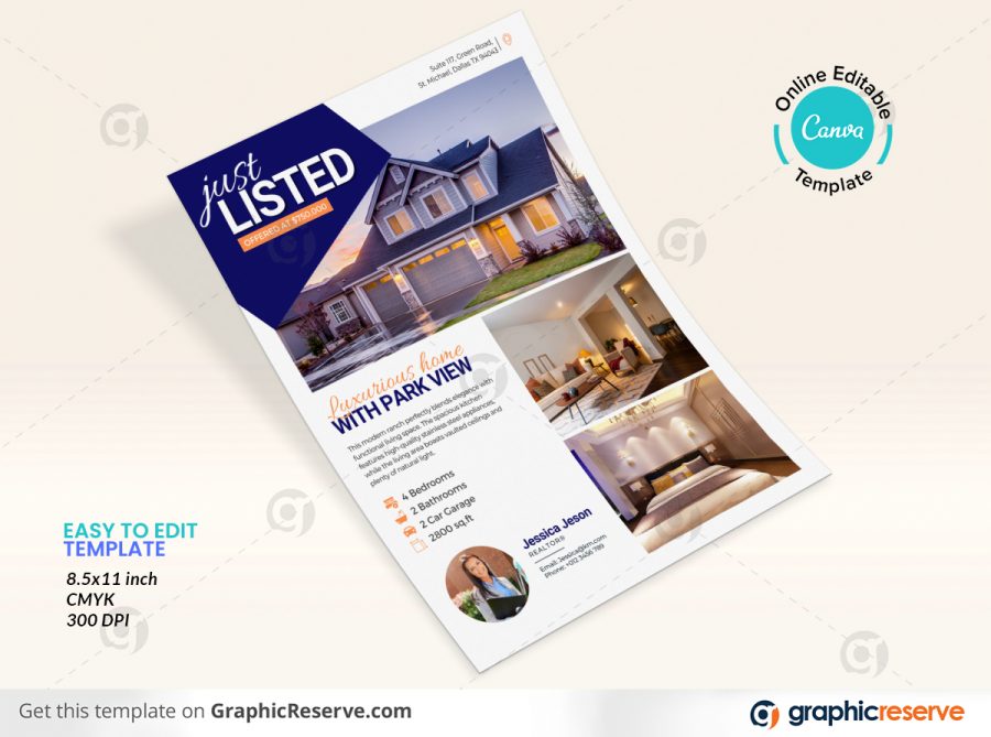 44706 Just Listed Flyer Design for Real Estate Agents Canva template