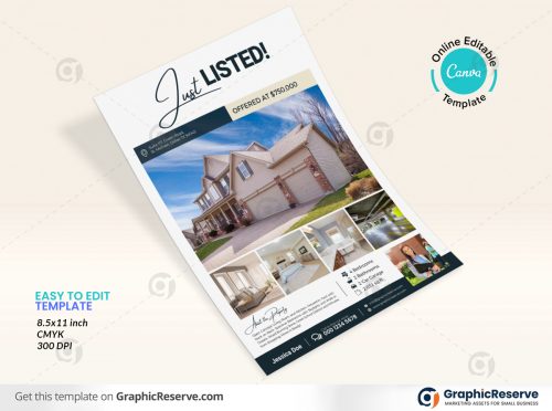 44795 Just Listed Flyer Design for Real Estate Agents Canva template 1