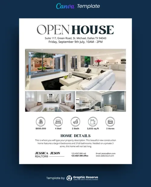 Open House Real Estate Flyer Design (Canva template)