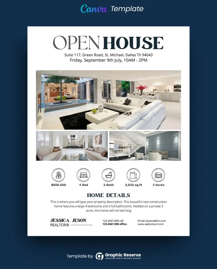 Open House Real Estate Flyer Design (Canva template)