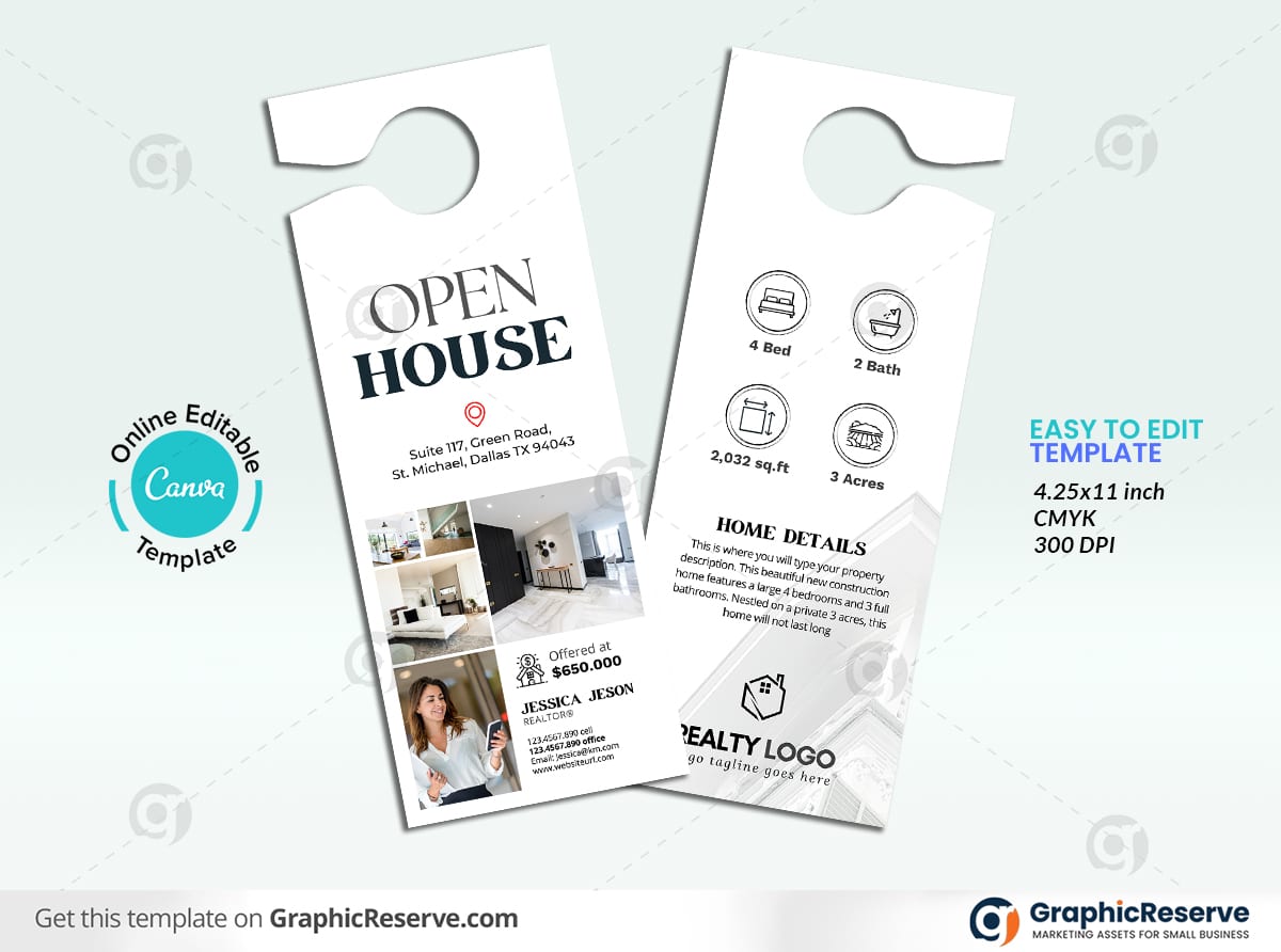 Open House Real Estate Door Hanger Design (Canva template)
