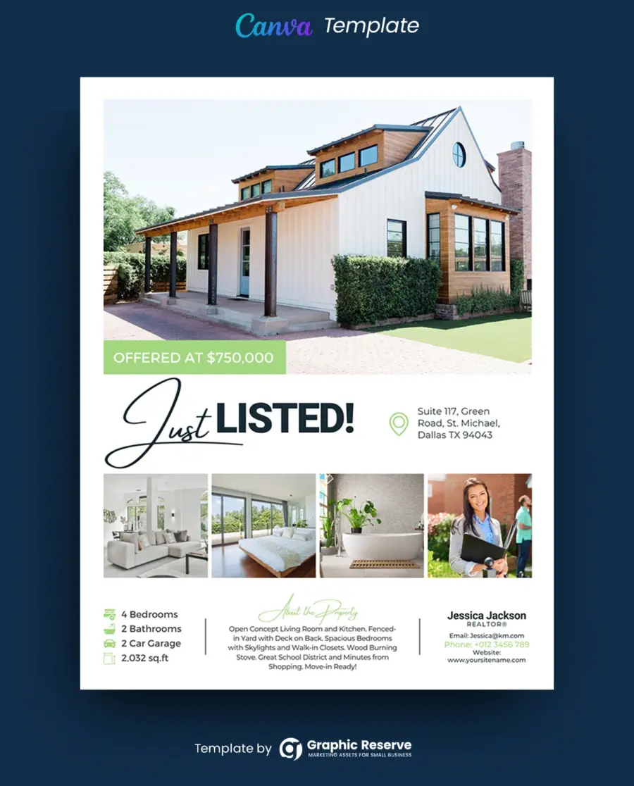 Just Listed Flyer Design for Real Estate Agents (Canva template)