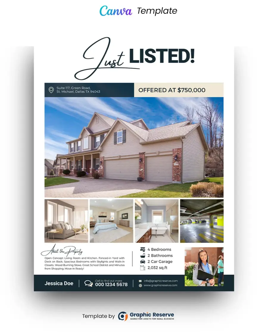 Just Listed Flyer Design for Real Estate Agents (Canva template)