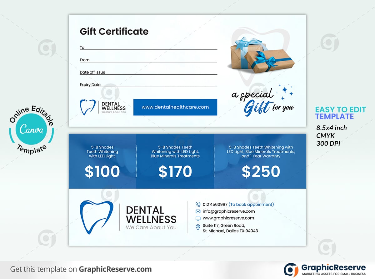 Dental Healthcare Gift Certificate Design Canva Template Graphic Reserve