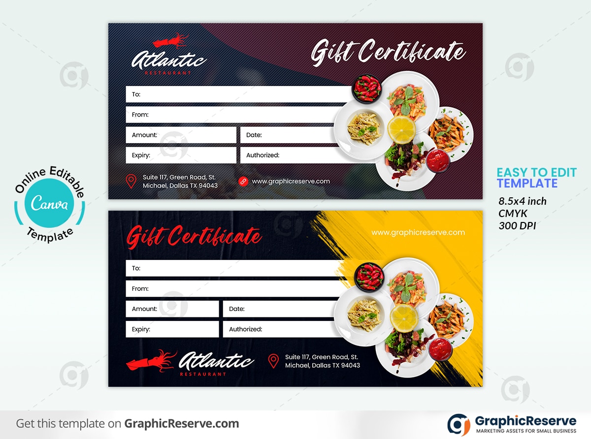 Restaurant Fast Food Shop Gift Certificate Design Canva Template Graphic Reserve