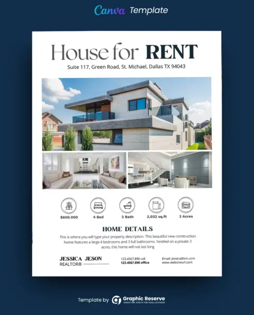 House for Rent Real Estate Flyer Design (Canva template)