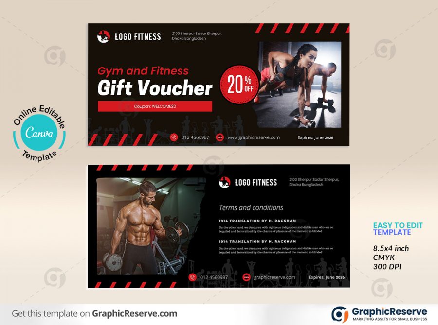 Gym and fitness Gift Voucher canva template