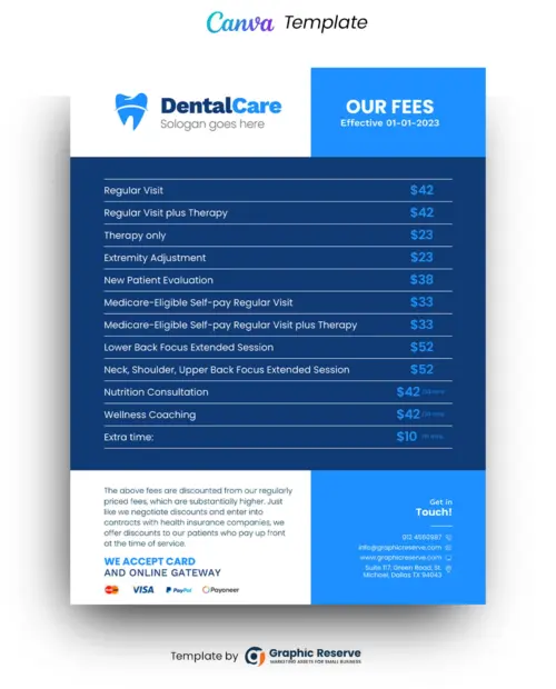 Dental Services Fee Pricing List Flyer Canva template