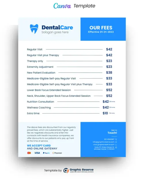 Dental Fee Pricing List Flyer Canva template