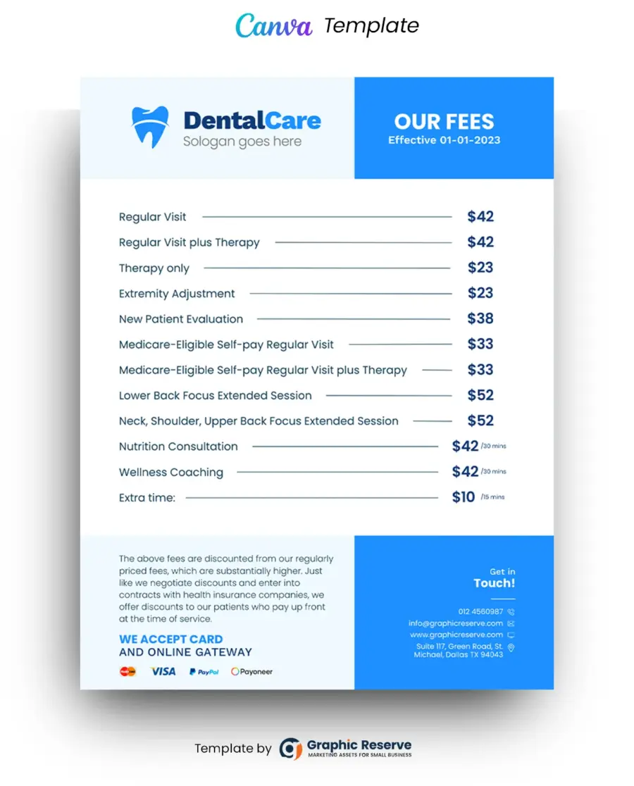 Dental Fee Pricing List Flyer Canva template