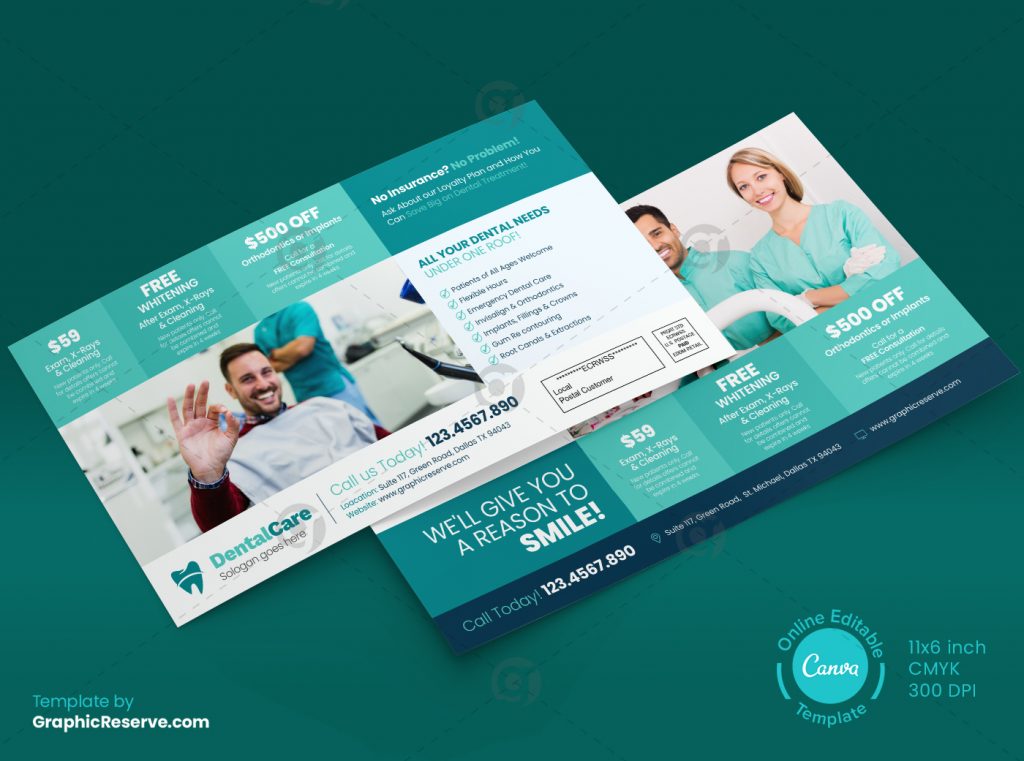 Dental Direct Mail Marketing Coupon Mailer Canva Template Graphic Reserve