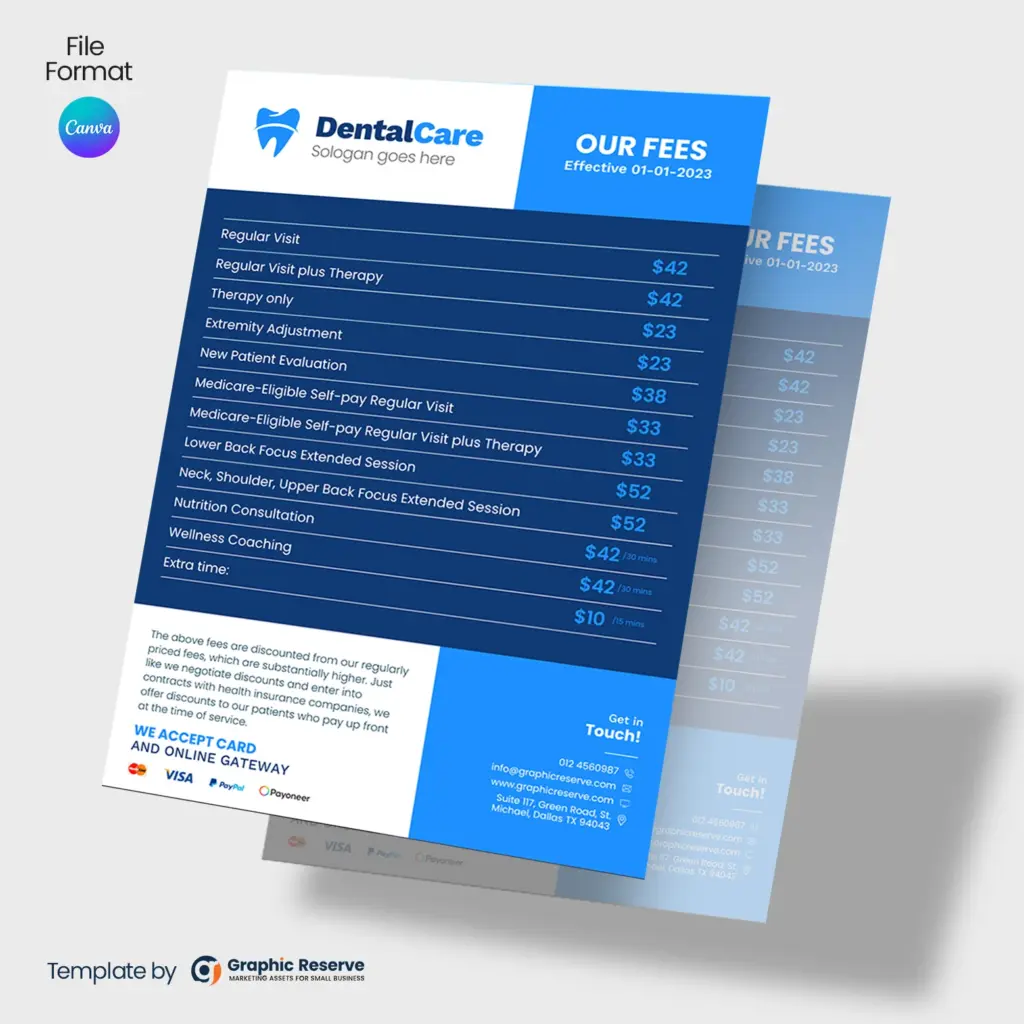 Dental Services Fee Pricing List Flyer Canva template – Canva template
