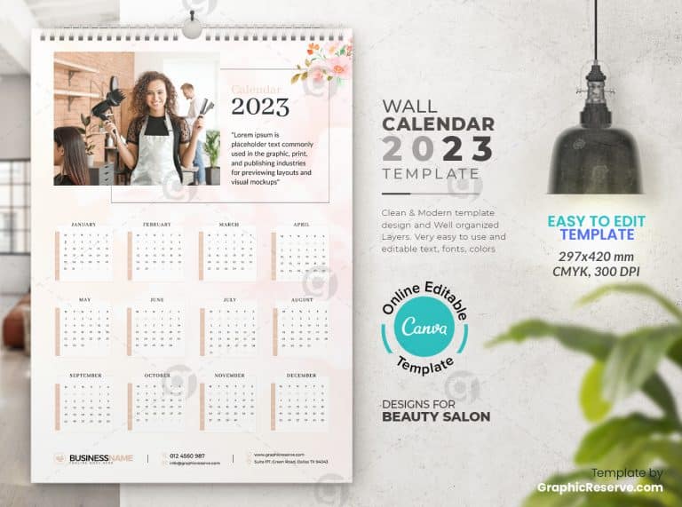 Beauty Salon 1-Page Calendar 2023 (Canva template) - Graphic Reserve