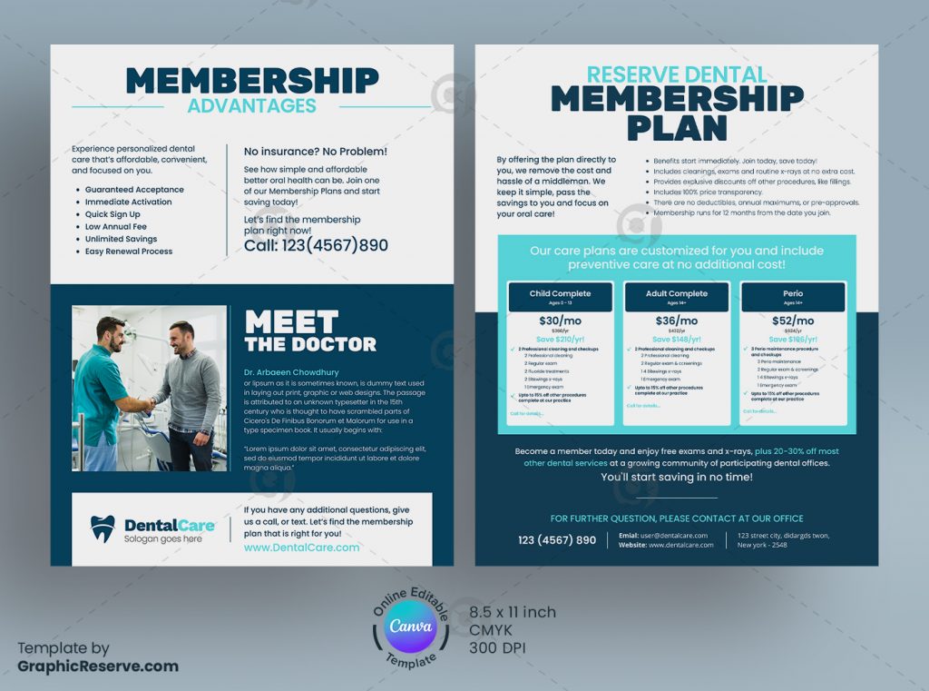 Dental Membership Advantages Flyer Canva template Graphic Reserve
