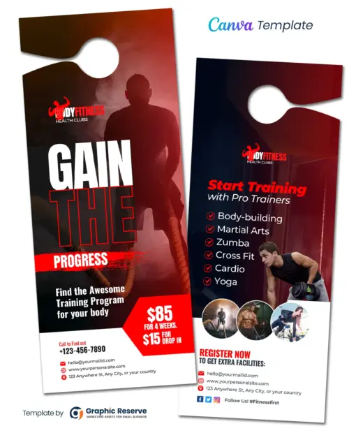 Editable Gym Fitness Door Hanger Canva Template for Marketing