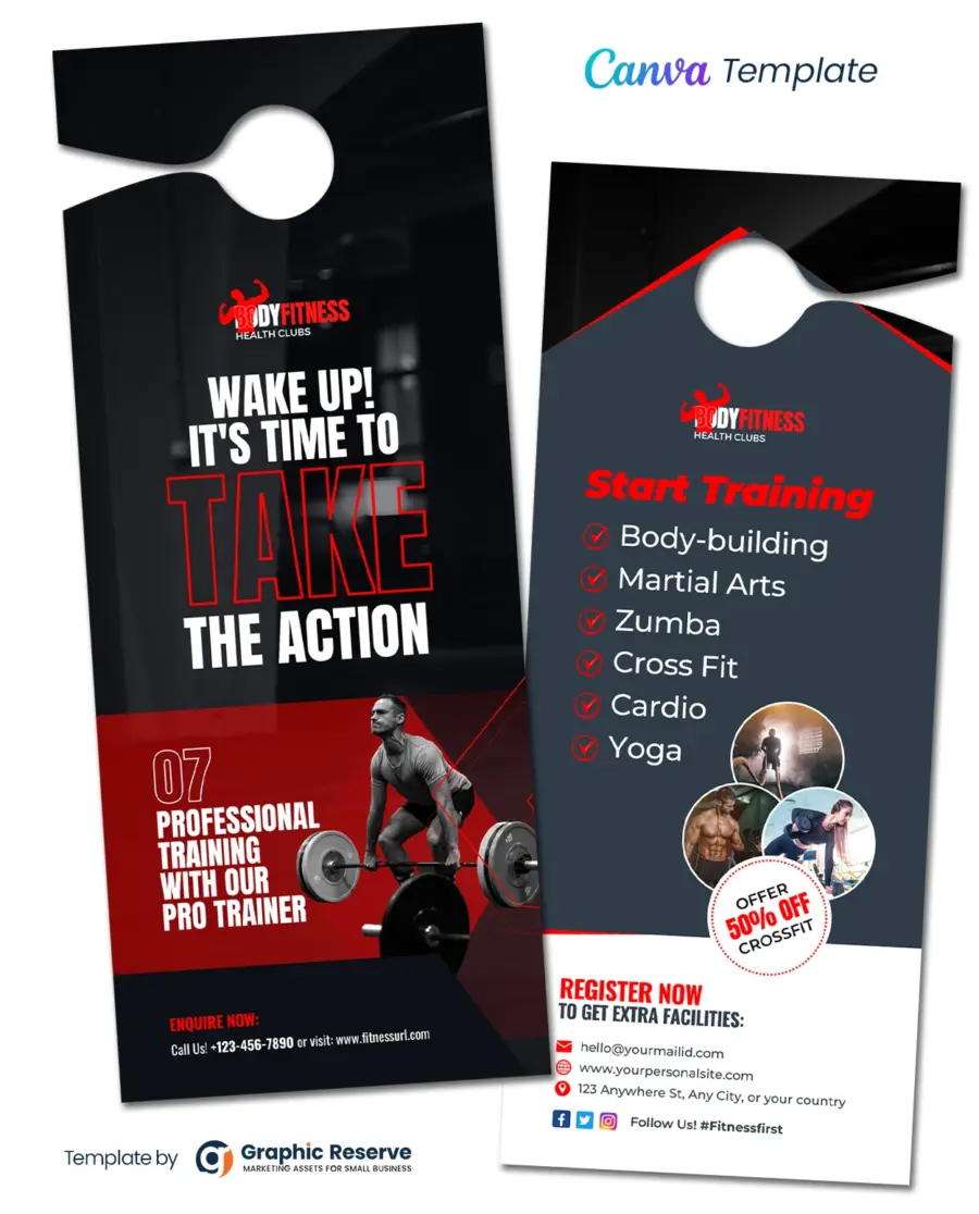 Creative Gym Fitness Door Hanger Design - Customizable Canva Template