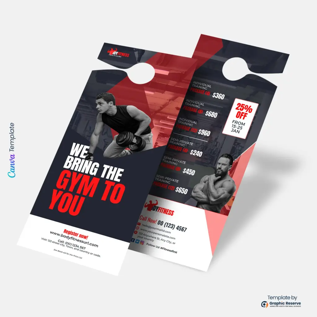 Custom Gym Pricing Door Hanger Design | Printable Canva Template for Workout Promotions