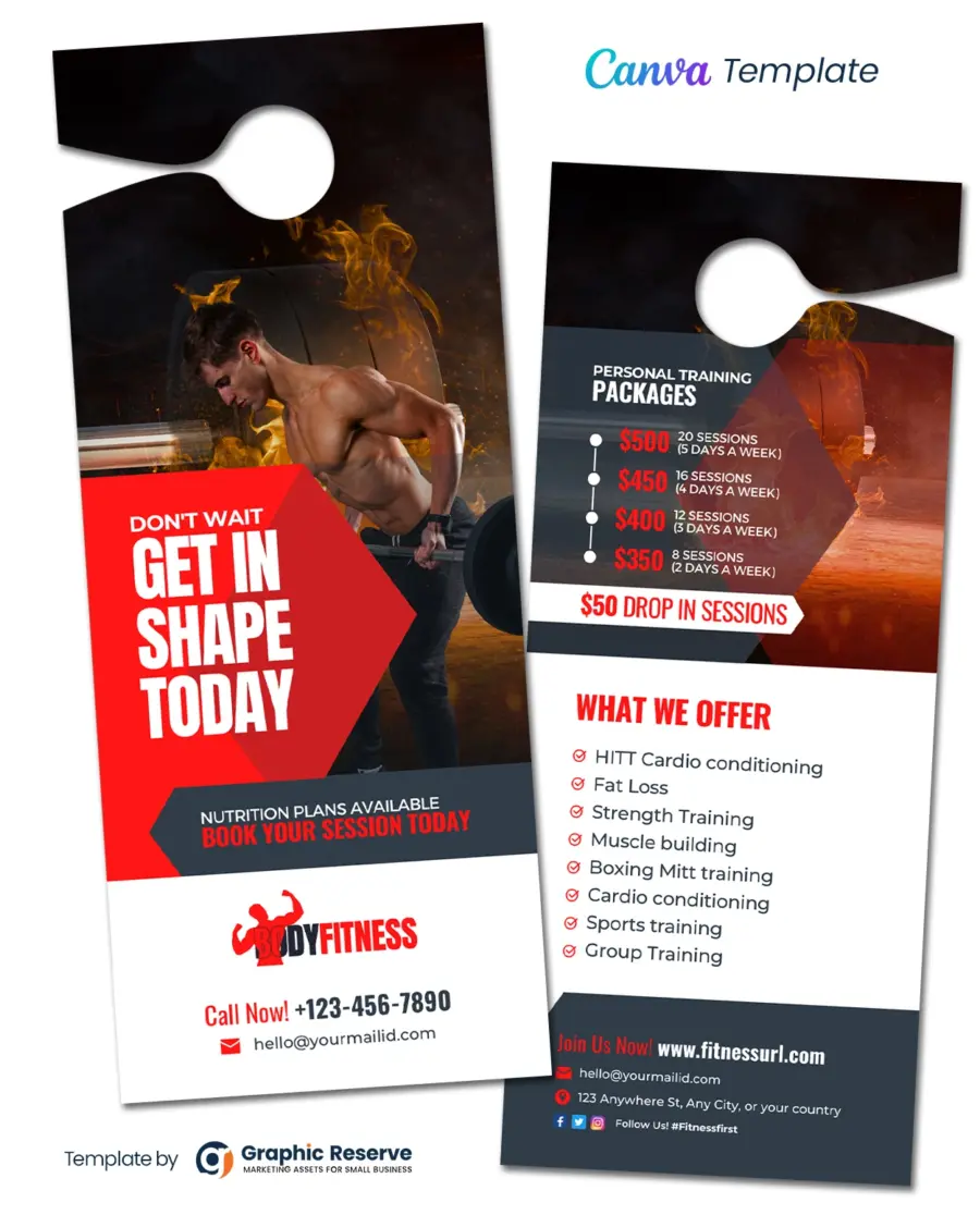 Gym Pricing Packages Door Hanger Design Canva Template