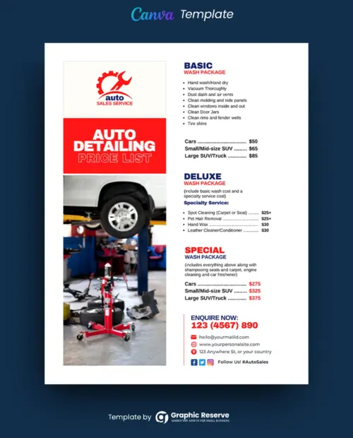 Auto Detailing Pricing Package Flyer Template - Editable in Canva