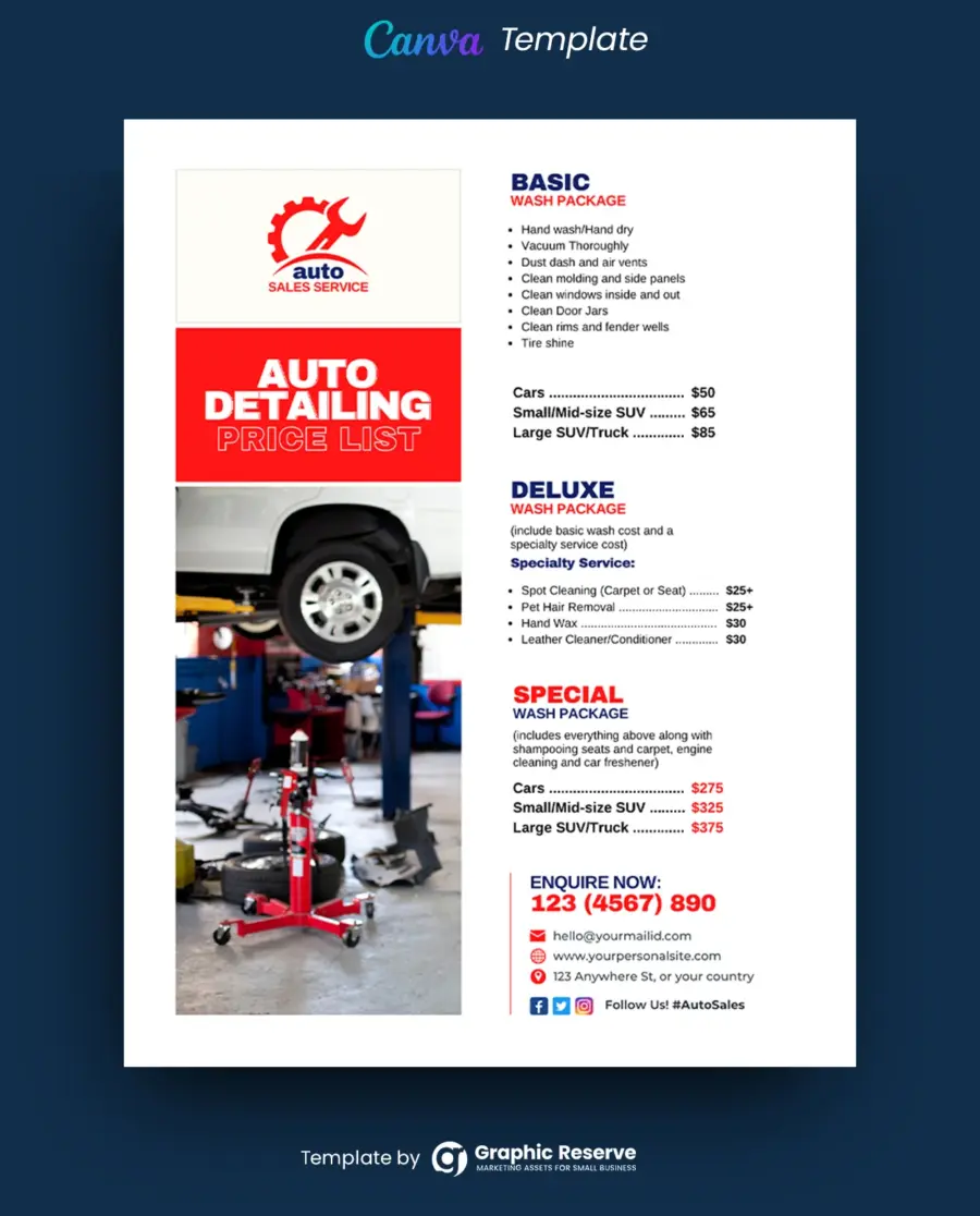 Auto Detailing Pricing Package Flyer Template - Editable in Canva