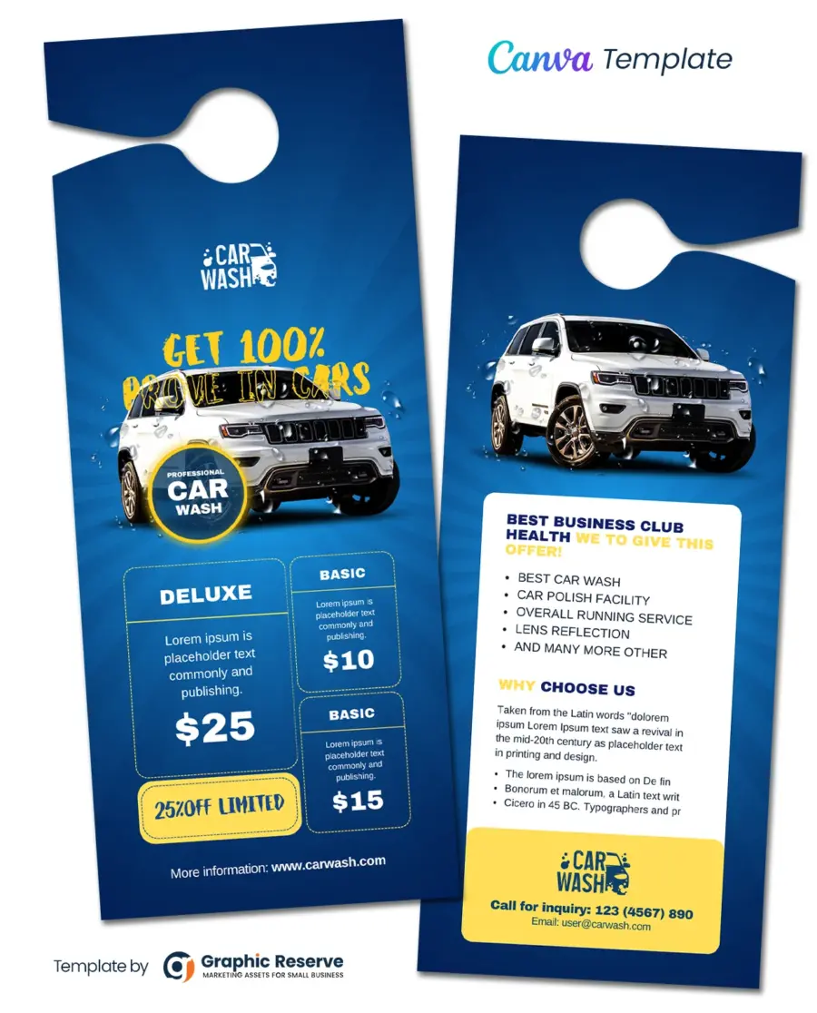 Car Wash Pricing Door Hanger Design Template - Editable in Canva