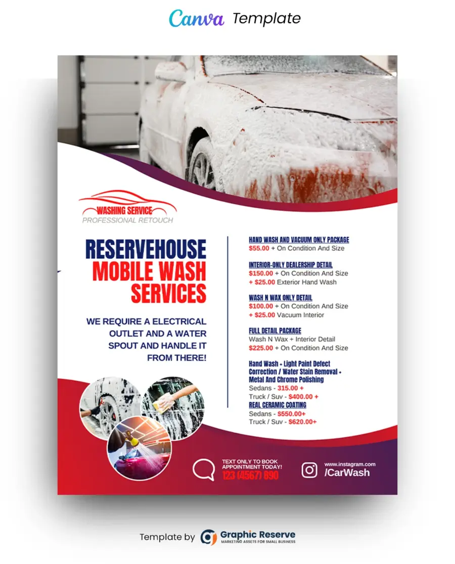 Car Wash Pricing Flyer Design - Editable Canva Template for Auto Services