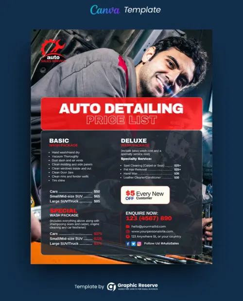 Editable Auto Detailing Pricing Package Flyer Template for Marketing