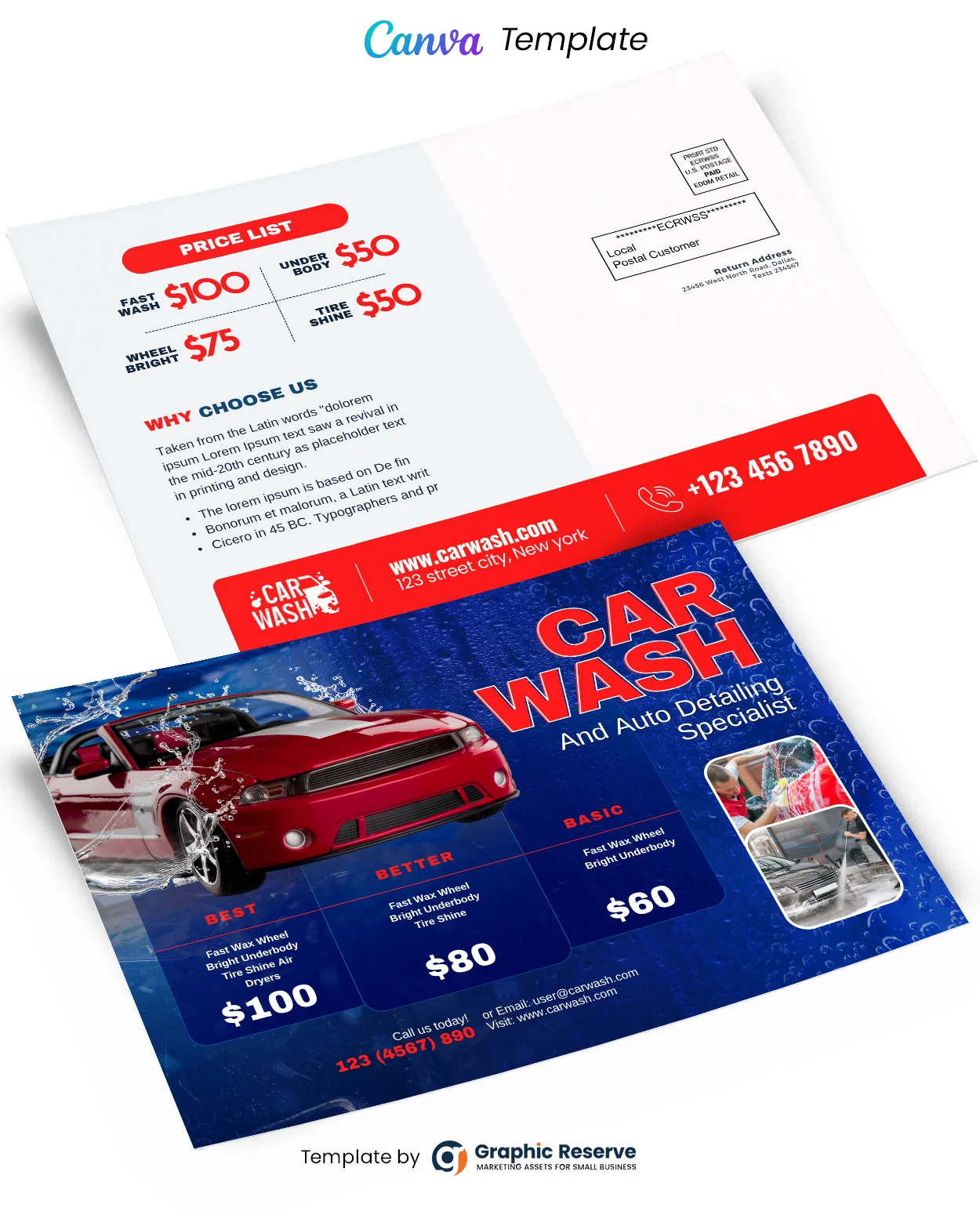 Editable Canva Template for Car Wash Pricing Direct Mail Postcards