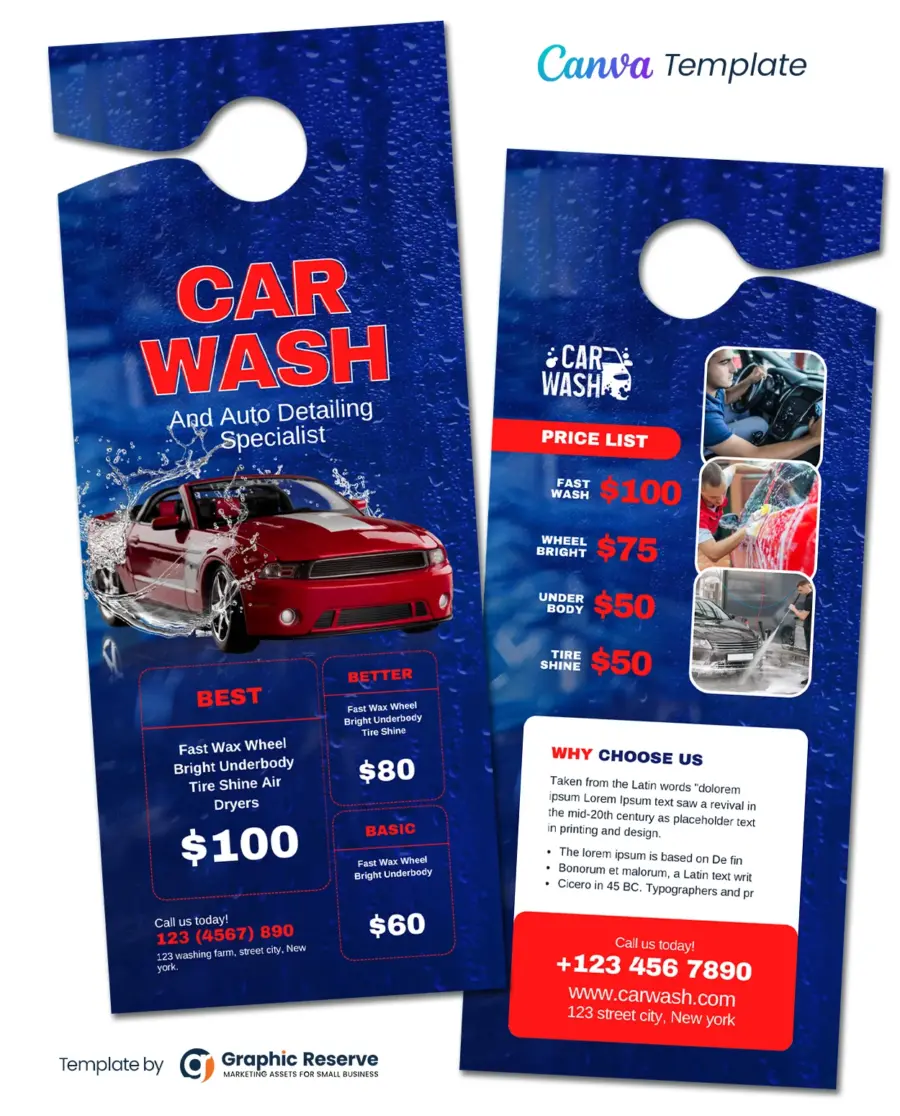 Editable Car Wash Pricing Door Hanger Template - Canva Ready Design