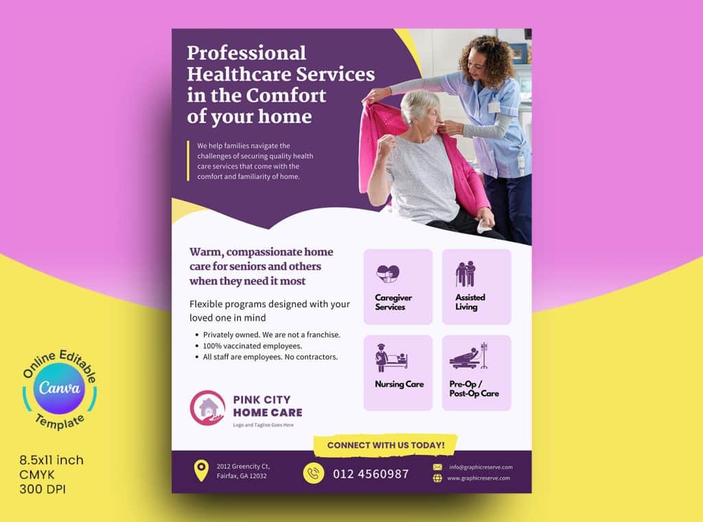 Home Care Caregvers Marketing flyer canva Template