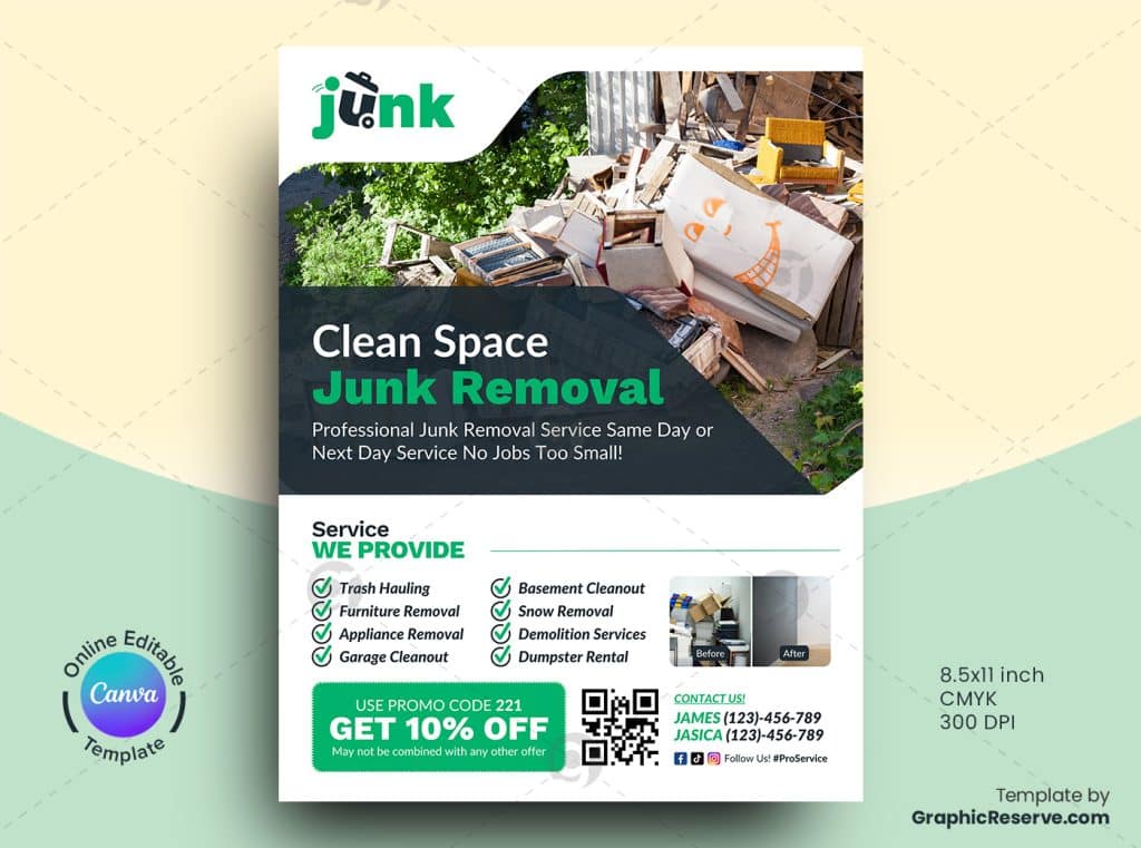 Clean Space Junk Removal Flyer Canva Template