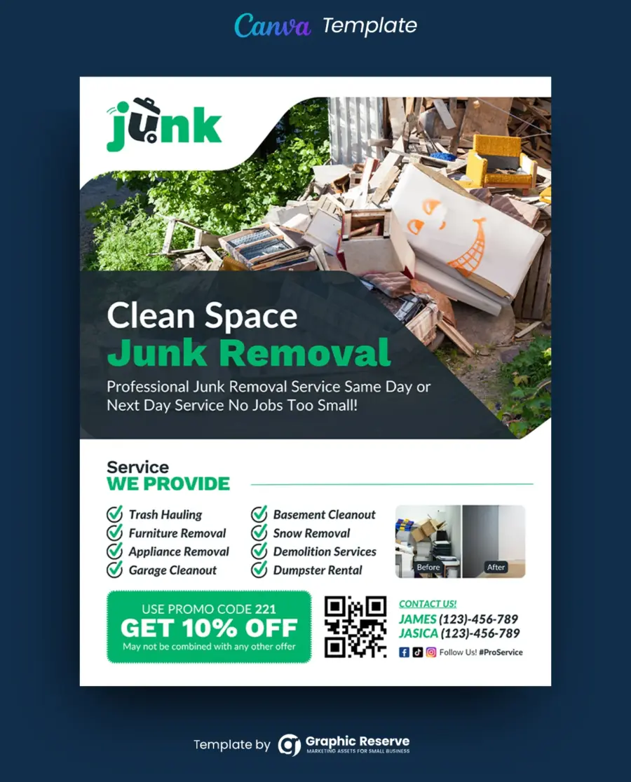 Clean Space Junk Removal Flyer Canva Template