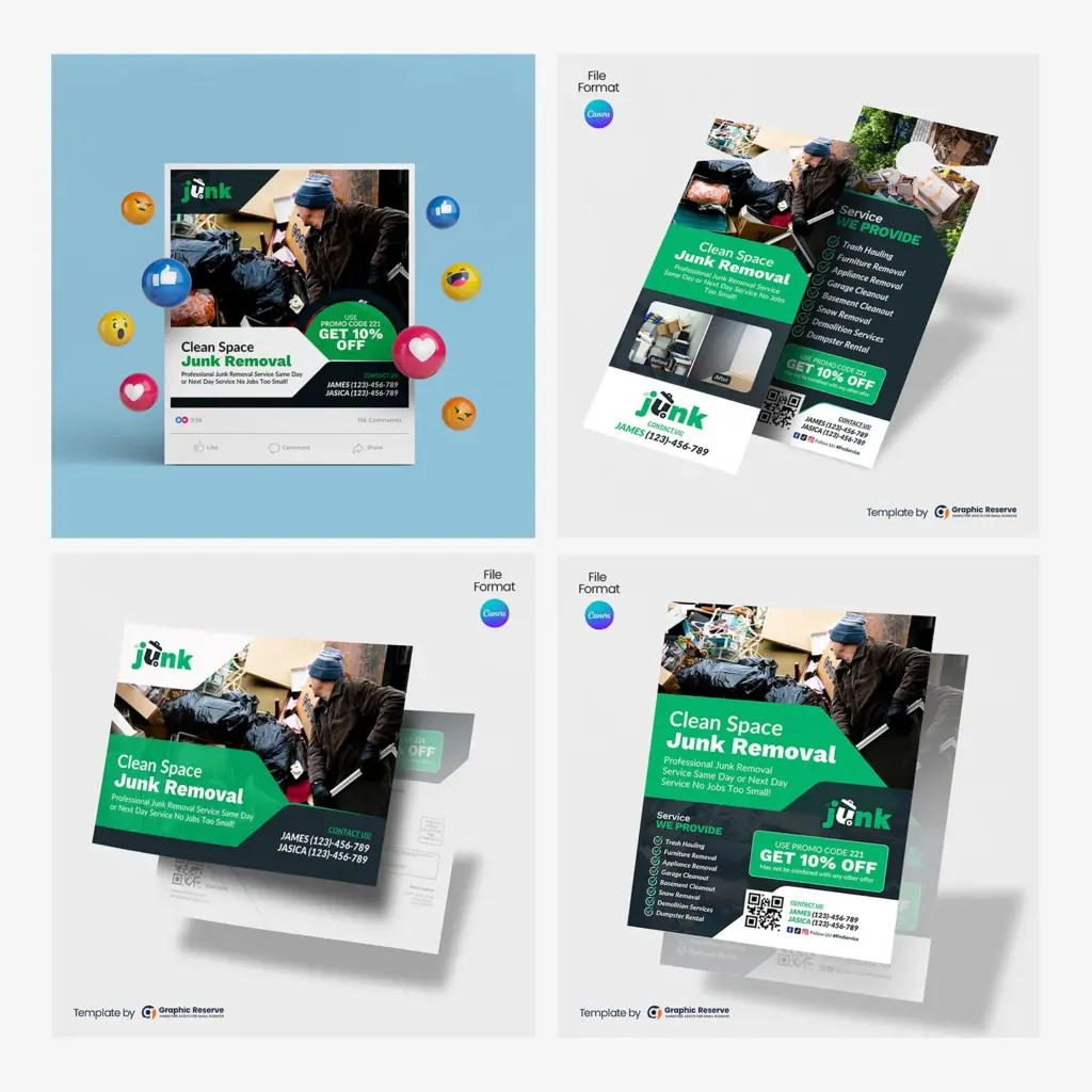 Clean Space Junk Removal Marketing Material Canva Template Bundle