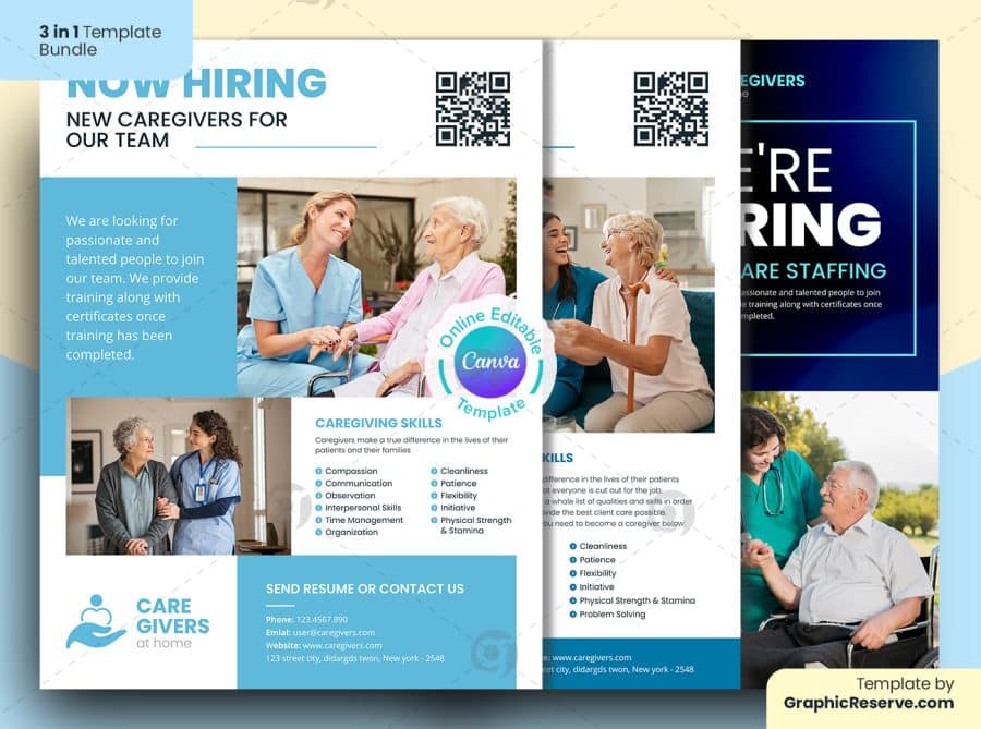 Caregivers Hiring Home Care Canva Flyer 3 in 1 Bundle Template