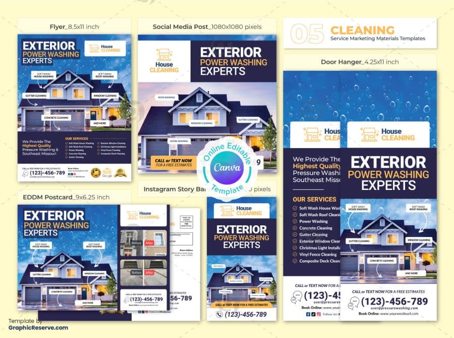 Exterior Cleaning Marketing Material Bundle Canva Template