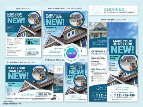 Exterior Cleaning Marketing Material Bundle Canva Template Design