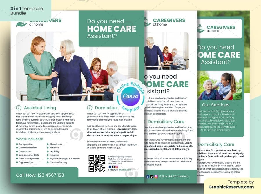Home Care Assistant Flyer Canva 3 in 1 Bundle Template