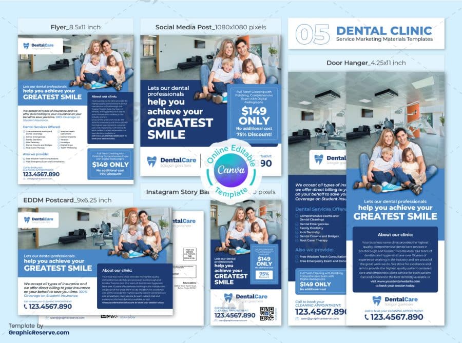 Dental Clinic Service Marketing Materials Bundle Canva Template