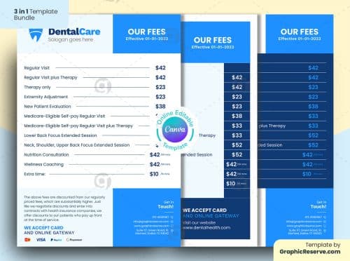 Dental Service Fee 3 in 1 Flyer Canva Template Bundle