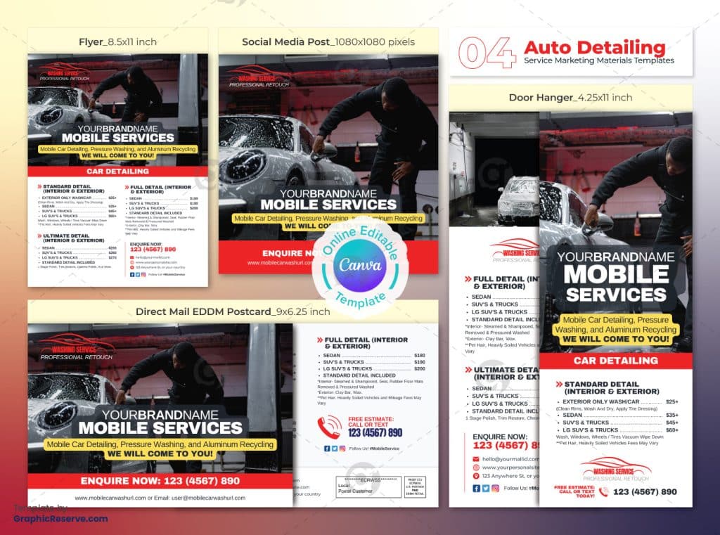 Auto Detailing Mobile Service Marketing Material Canva Template Bundle