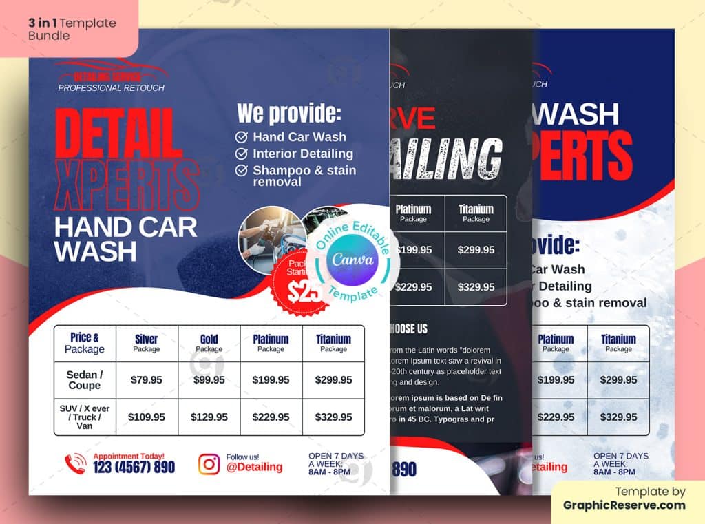 Auto Detailing Price Package Flyer 3 in 1 Bundle Canva Template