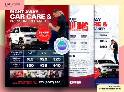 Auto Detailing Pricing Table Flyer 3 in 1 Bundle Canva Template