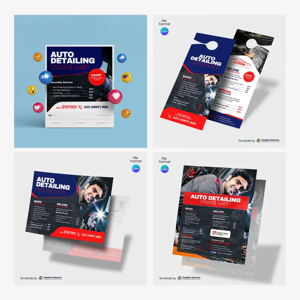 Auto Detailing Service List Marketing Material Bundle Canva Template