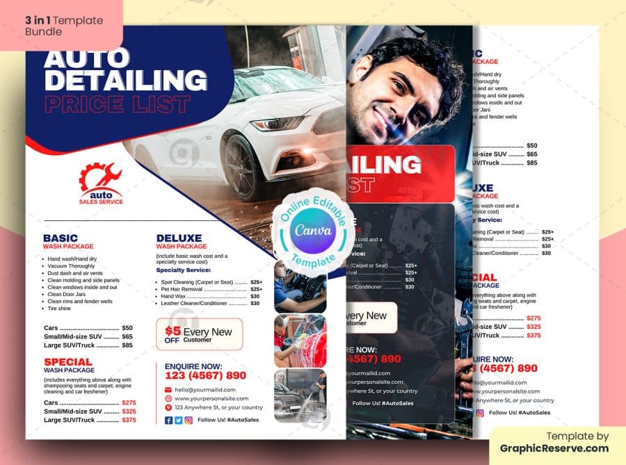 Auto Detailing Servicing Price List Flyer 3 in 1 Bundle Canva Template