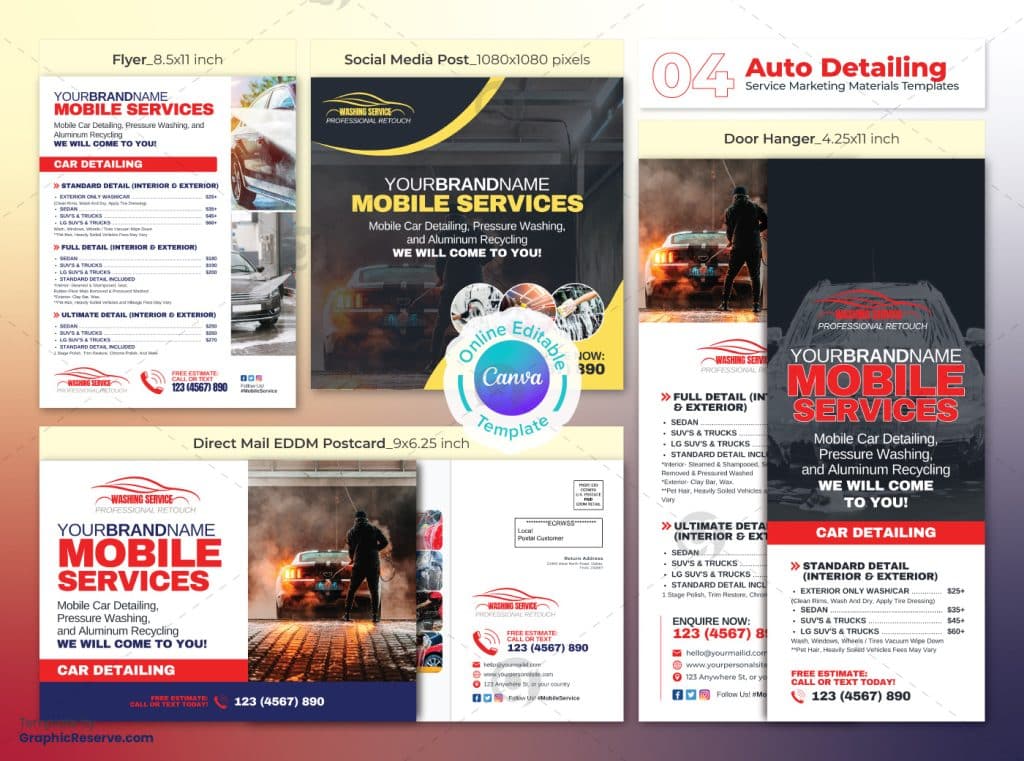 Automobile Washing Service Marketing Material Bundle Canva Template